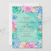 Rosa blaugrüne Blumensukkulente 70. Geburtstag Einladung (Vorderseite)