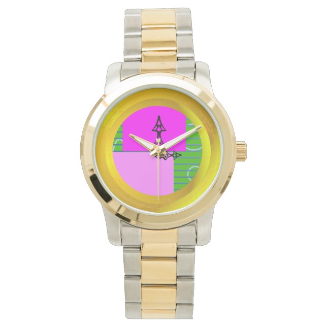 Rosa Blöcke auf geometrisch grün Armbanduhr (Vorderseite)