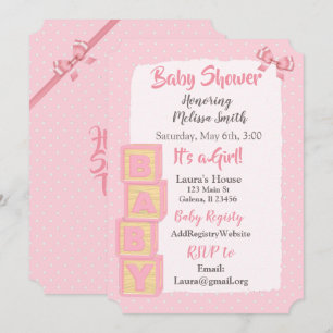 Rosa Blöcke und Schleifen Baby Mädchen Baby Shower Einladung