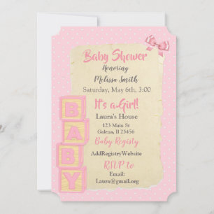 Rosa Blöcke und Schleifen Baby Mädchen Baby Shower Einladung