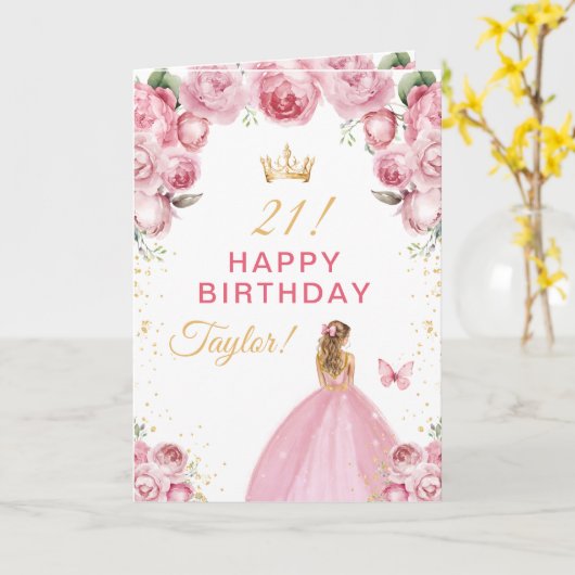 Rosa Blonde Haar Girl Happy Birthday Karte (Gelbe Blume)