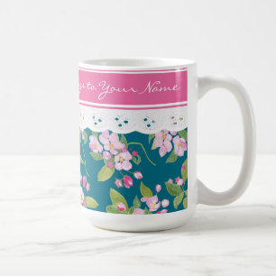 Rosa Blossom auf Dunkelblau mit Imitaten Spitze Kaffeetasse