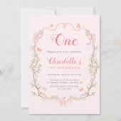 Rosa Blossom Blumenrahmen 1. Geburtstag Einladung (Vorderseite)