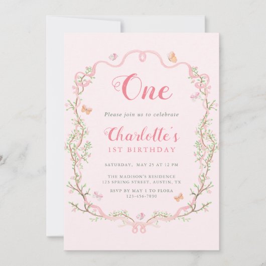 Rosa Blossom Blumenrahmen 1. Geburtstag Einladung (Vorderseite)