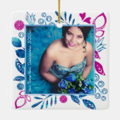 Rosa, Blue Quinceanera Weihnachts-Foto Keramikornament (Rückseite)