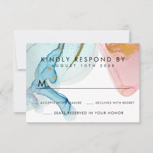 Rosa Blue Watercolor Gold Wedding RSVP Card (Vorderseite)