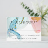 Rosa Blue Watercolor Gold Wedding RSVP Card (Stehend Vorderseite)