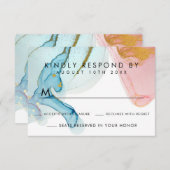 Rosa Blue Watercolor Gold Wedding RSVP Card (Vorne/Hinten)