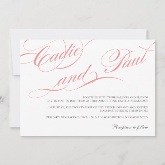 Rosa Blüh Script Hochzeitseinladung Einladung (Vorderseite)