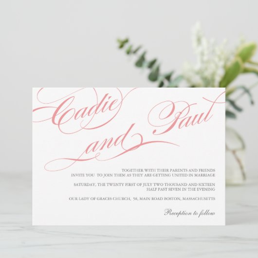 Rosa Blüh Script Hochzeitseinladung Einladung (Stehend Vorderseite)
