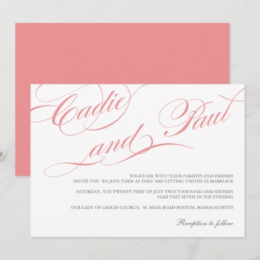 Rosa Blüh Script Hochzeitseinladung Einladung (Vorne/Hinten)