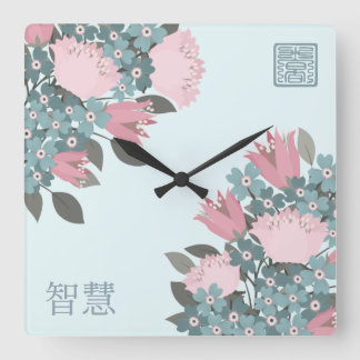 Rosa blühende Blume Asiatische Digitalkunst Quadratische Wanduhr