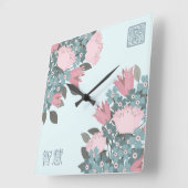 Rosa blühende Blume Asiatische Digitalkunst Quadratische Wanduhr (Winkel)