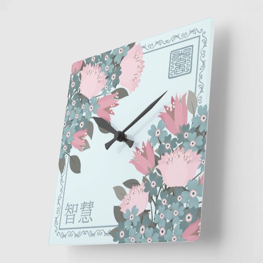 Rosa blühende Blume Asiatische Digitalkunst Quadratische Wanduhr (Winkel)
