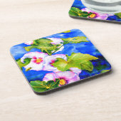 Rosa blühende Blume in Aquarellfarbe Hollyhocks Getränkeuntersetzer (Linke Seite)