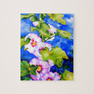 Rosa blühende Blume in Aquarellfarbe Hollyhocks Puzzle