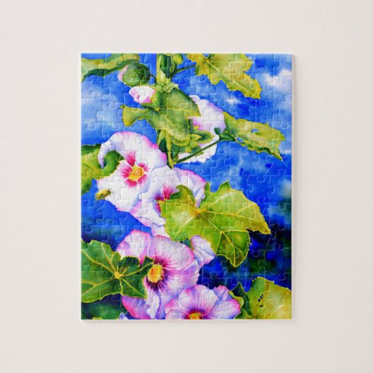 Rosa blühende Blume in Aquarellfarbe Hollyhocks Puzzle (Vertikal)