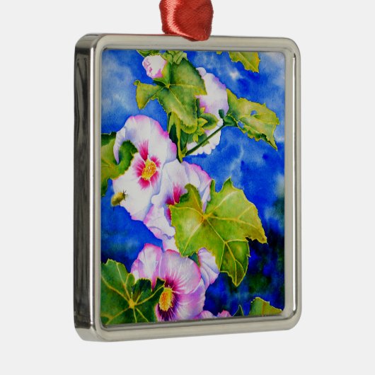Rosa blühende Blume in Aquarellfarbe Hollyhocks Silbernes Ornament (Rechts)