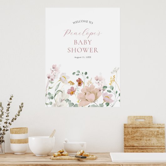 Rosa blühende Blume Kinderdusche Begrüßungszeichen Poster (Küche)