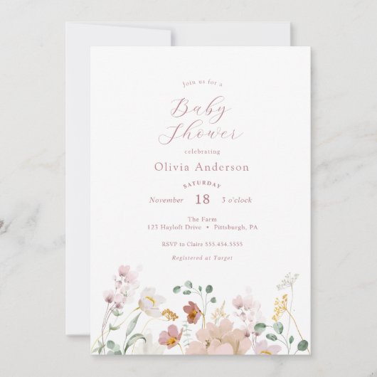 Rosa blühende Blume Kinderdusche Einladung (Vorderseite)