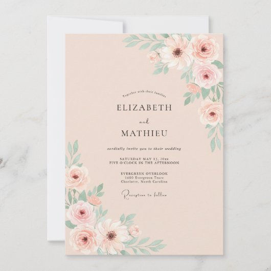 Rosa blühende florale Hochzeit Einladung (Vorderseite)