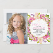 Rosa blühende Pastellfarben Erste Kommune Foto Einladung (Vorderseite)