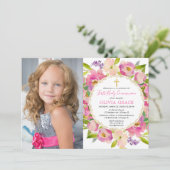 Rosa blühende Pastellfarben Erste Kommune Foto Einladung (Stehend Vorderseite)