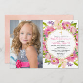 Rosa blühende Pastellfarben Erste Kommune Foto Einladung (Vorne/Hinten)