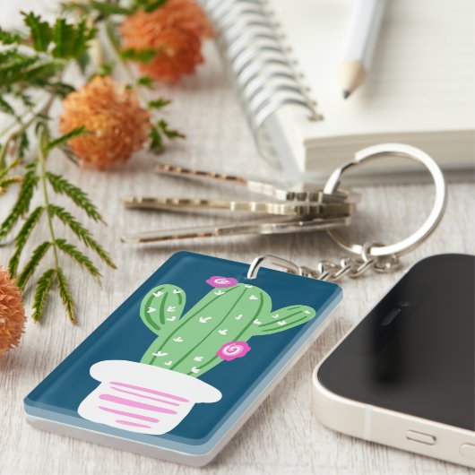 Rosa blühendes Kaktus-Gekritzel | personalisiert Schlüsselanhänger (Vorderseite rechts)