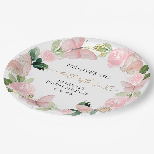 Rosa Blümchen gibt er mir Schmetterlinge Brautpart Pappteller (Schrägansicht)