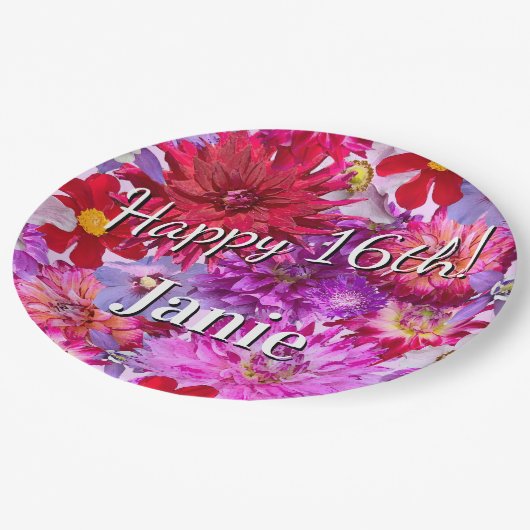 Rosa Blume 16. Geburtstag Pappteller (Schrägansicht)