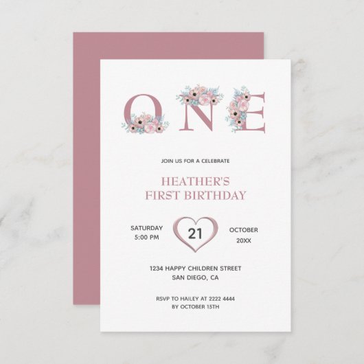 Rosa Blume 1. Geburtstag Einladung (Vorne/Hinten)