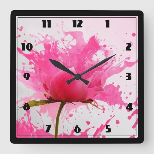 Rosa Blume Abstrakt Paint Spritzer Quadratische Wanduhr (Vorderseite)