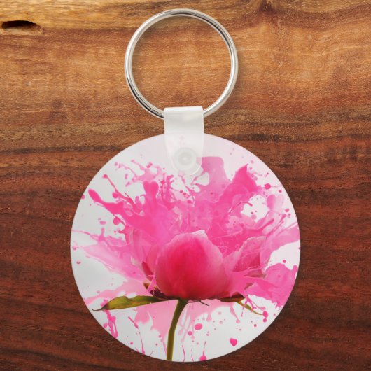 Rosa Blume Abstrakt Paint Spritzer Schlüsselanhänger (Vorderseite)