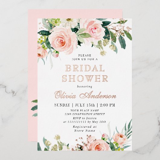 Rosa Blume Aquarell Brautparty Gold Folieneinladung (Vorderseite/Rückseite)