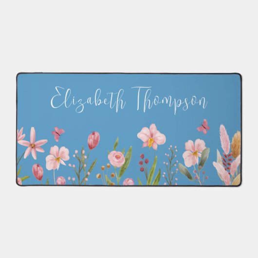 Rosa Blume Aquarell Stilvolle Schreibschrift Blau Schreibtischunterlage (Vorderseite)