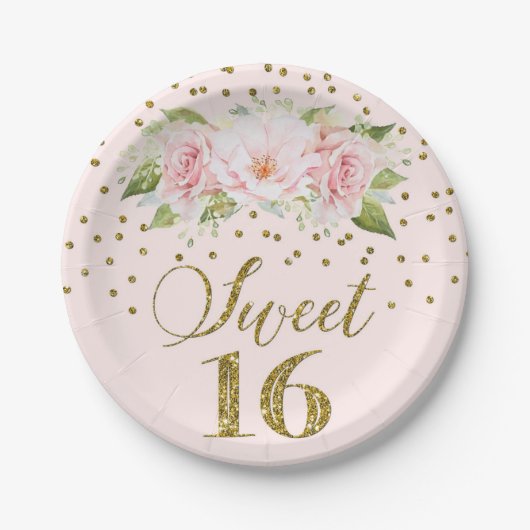 Rosa Blume Aquarell Süß 16 Geburtstag Pappteller (Vorderseite)