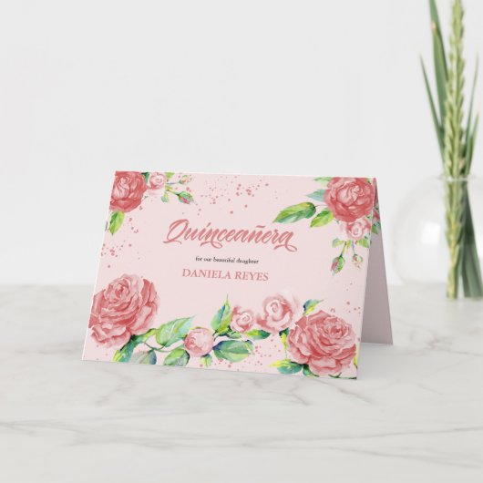 Rosa Blume Aquarellfarben Quinceanera Einladung (Vorderseite)