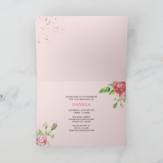 Rosa Blume Aquarellfarben Quinceanera Einladung (Innenseite)