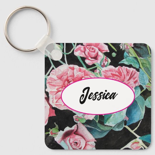 Rosa Blume Aquarellfarben Rose Schwarzer Schlüssel Schlüsselanhänger (Vorderseite)