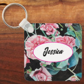 Rosa Blume Aquarellfarben Rose Schwarzer Schlüssel Schlüsselanhänger (Vorderseite)