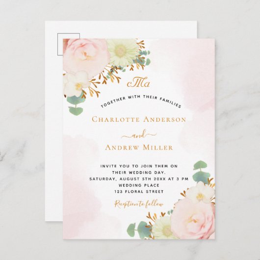 Rosa Blume Aquarellgoldverheiratung Postkarte (Vorne/Hinten)