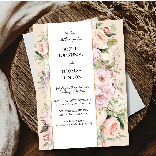 Rosa Blume Aquarellhochzeit Einladung