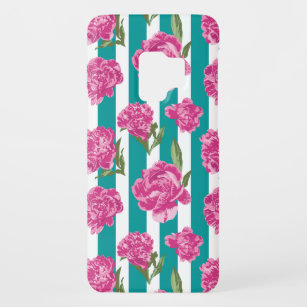 Rosa Blume auf Aquamarinen und weißen Streifen Case-Mate Samsung Galaxy S9 Hülle