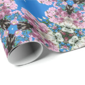 Rosa Blume auf blauem Hintergrundpapier Geschenkpapier (Rolleneckpunkt)