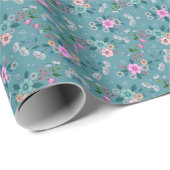 Rosa Blume auf blauem Muster Geschenkpapier (Rolleneckpunkt)