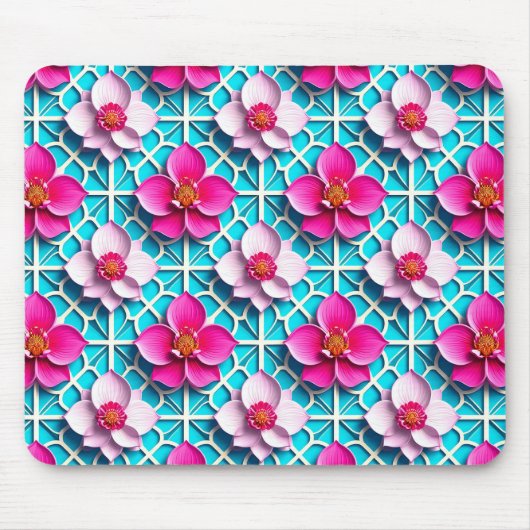 Rosa Blume auf einem geometrisch blauen Hintergrun Mousepad (Vorne)