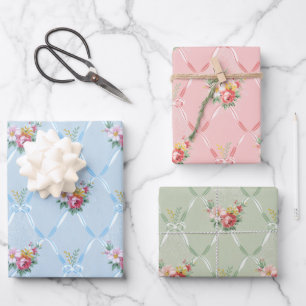 Rosa Blume auf rosa, grüne und blaue Ribbon Trelli Geschenkpapier Set