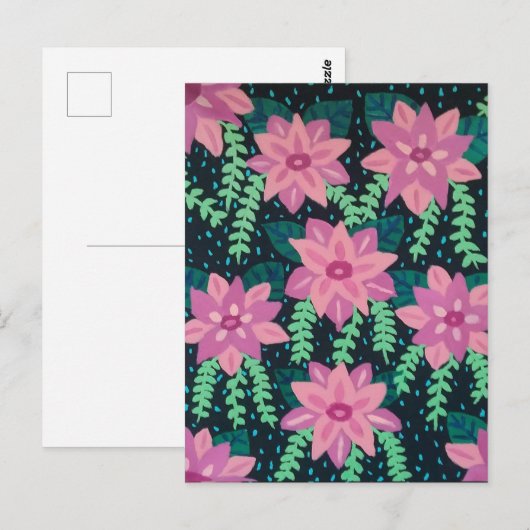 Rosa Blume auf schwarz Postkarte (Vorne/Hinten)