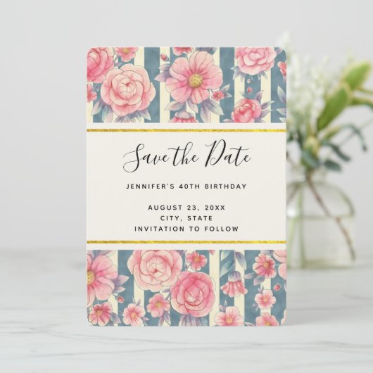Rosa Blume auf Streifen Save the Date (Stehend Vorderseite)